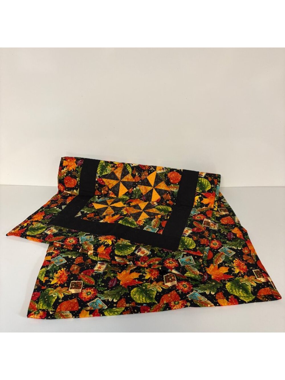 Handmade Autumn Quilted Table Runner Postage Stamp Leaves Black Border 40x20in